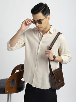 R&B - Beige Linen Blend Regular Fit Spread Collar Solid Men's Shirt