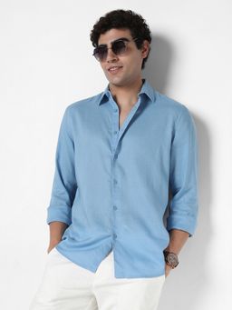 R&B - Blue Linen Blend Regular Fit Spread Collar Solid Men's Shirt
