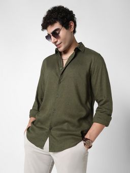 R&B - Olive Linen Blend Regular Fit Spread Collar Solid Men's Shirt