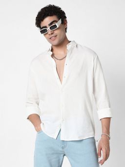 R&B - White Linen Blend Regular Fit Spread Collar Solid Men's Shirt