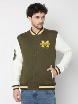 R&B - Men's Cotton Olive Graphic Collar Neck Jacket