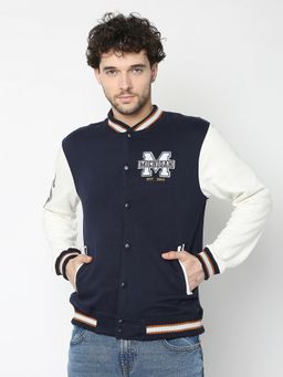 R&B - Men's Cotton Navy Blue Graphic Collar Neck Jacket