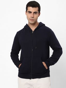 R&B - Men's Cotton Navy Blue Solid Hoodie