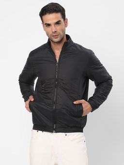 R&B - Men's Nylon Black Solid Collar Neck Jacket