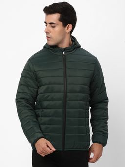 R&B - Men's Nylon Green Solid Hooded Jacket