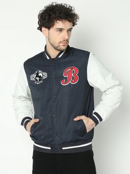 R&B - Men's Polyester Navy Blue Embroidered Collar Neck Jacket