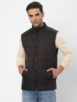 R&B - Men's Polyester Black Solid High Neck Jacket