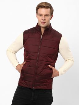 R&B - Men's Polyester Burgundy Solid High Neck Jacket
