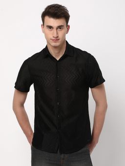 R&B - Black Polyester Relaxed Fit Point Collar Textured Short Sleeve Men's Shirt