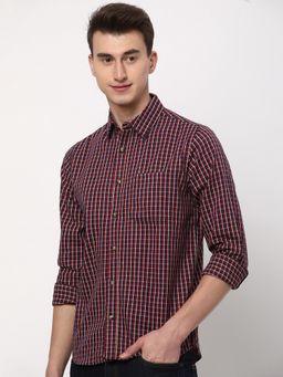 R&B - Navy Blue Cotton Regular Fit Point Collar Checked Men's Shirt