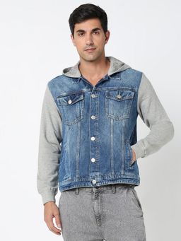 R&B - Men's Denim Blue Solid Hooded Jacket