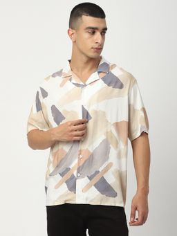 R&B - White Viscose Relaxed Fit Cuban Collar Printed Men's Shirt