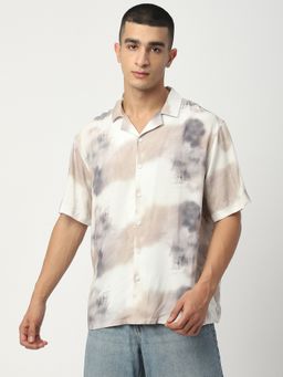 R&B - White Viscose Relaxed Fit Camp Collar Printed Men's Shirt