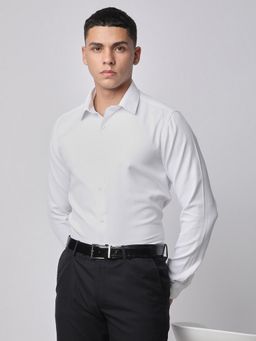 R&B - White Polyester Blend Slim Fit Point Collar Solid Men's Shirt