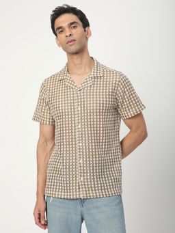 R&B - Beige Cotton Relaxed Fit Camp Collar Textured Short Sleeves Men's Shirt