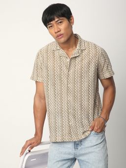 R&B - Beige Cotton Relaxed Fit Camp Collar Textured Short Sleeves Men's Shirt