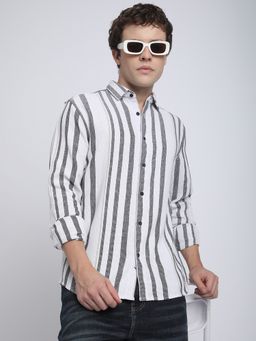 R&B - White Polycotton Regular Fit Point Collar Textured Long Sleeves Men's Shirt