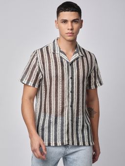 R&B - Black Polyester Relaxed Fit Cuban Collar Textured Short Sleeves Men's Shirt