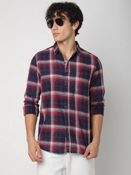 R&B - Navy Blue Cotton Regular Fit Full Sleeve Checked Men's Shirt