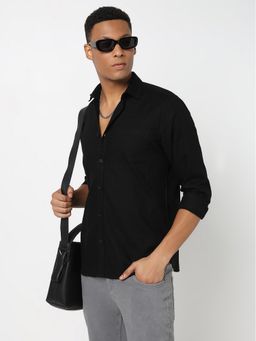 R&B - Black Cotton Regular Fit Point Collar Solid Men's Shirt