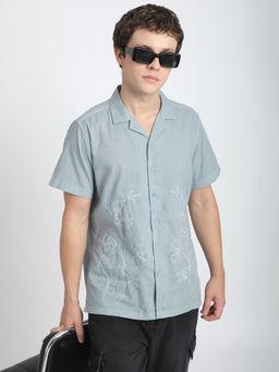 R&B - Blue Cotton Relaxed Fit Camp Collar Floral Embroidered Men's Shirt