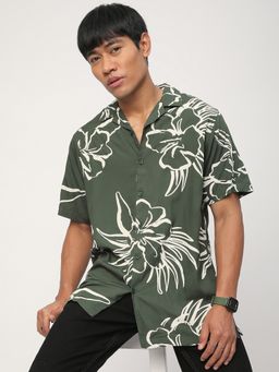 R&B - Green Rayon Slim Fit Cuban Collar Floral Printed Men's Shirt