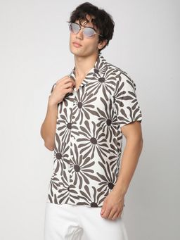 R&B - White Rayon Slim Fit Cuban Collar Floral Printed Men's Shirt