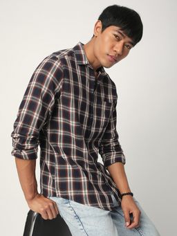 R&B - Navy Blue Cotton Regular Fit Point Collar Checked Men's Shirt