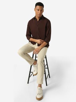 R&B - Brown Cotton Regular Fit Point Collar Solid Full Sleeve Men's Shirt