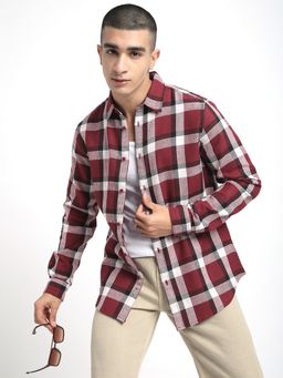 R&B - Maroon Cotton Regular Fit Point Collar Plaid Full Sleeves Men's Shirt