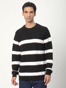 R&B - Black Crew Neck Stripes Sweater