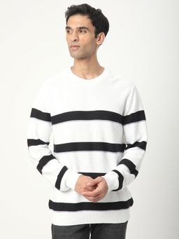 R&B - White Crew Neck Stripes Sweater
