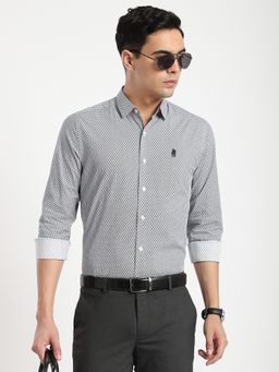 R&B - White Polyester Blend Regular Fit Spread Collar Geometric Print Men's Shirt