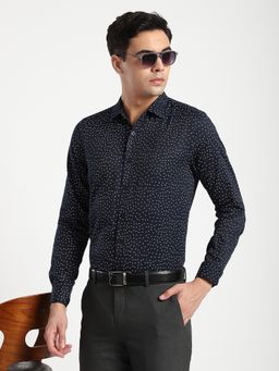 R&B - Navy Blue Polyester Blend Regular Fit Spread Collar Geometric Men's Shirt