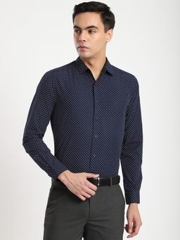 R&B - Navy Blue Spread Collar Self Design Shirt