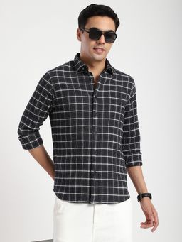 R&B - Black Cotton Regular Fit Spread Collar Checked Men's Shirt