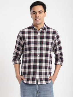R&B - Navy Blue Cotton Regular Fit Point Collar Plaid Long Sleeves Men's Shirt