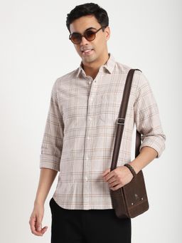 R&B - Beige Cotton Regular Fit Spread Collar Checked Men's Shirt