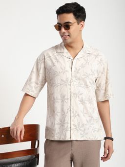 R&B - Beige Cotton Regular Fit Cuban Collar Floral Men's Shirt
