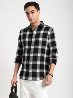R&B - Black Cotton Regular Fit Point Collar Checked Men's Shirt