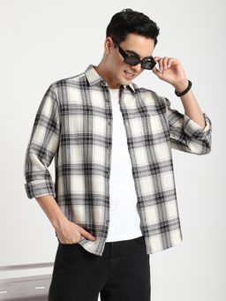 R&B - White Cotton Regular Fit Point Collar Checked Men's Shirt