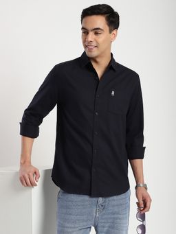 R&B - Navy Blue Cotton Regular Fit Spread Collar Solid Long Sleeves Men's Shirt