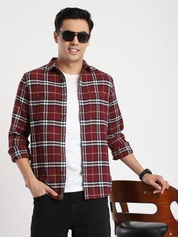 R&B - Maroon Cotton Regular Fit Spread Collar Plaid Long Sleeves Men's Shirt