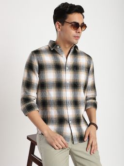R&B - Black Cotton Regular Fit Spread Collar Plaid Men's Shirt