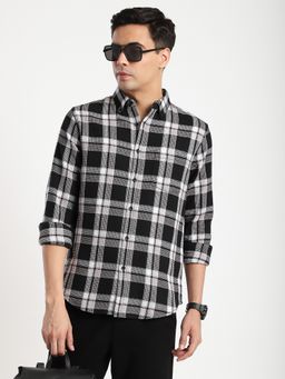 R&B - Black Cotton Regular Fit Button-Down Collar Plaid Long Sleeves Men's Shirt