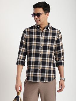 R&B - Black Cotton Regular Fit Spread Collar Plaid Long Sleeves Men's Shirt