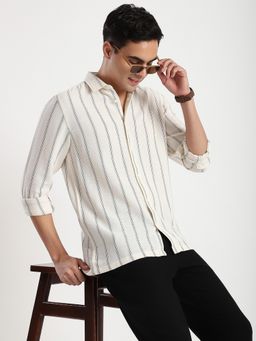 R&B - Ivory Cotton Blend Regular Fit Spread Collar Striped Men's Shirt