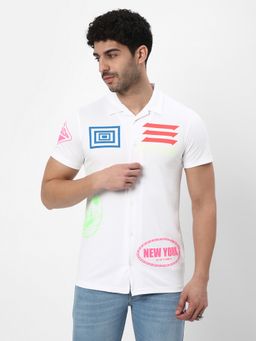 R&B - White Cotton Slim Fit Polo Collar Abstract Graphic Men's Shirt