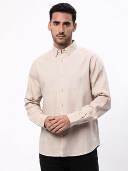 R&B - Beige Cotton Regular Fit Button-Down Collar Solid Men's Shirt