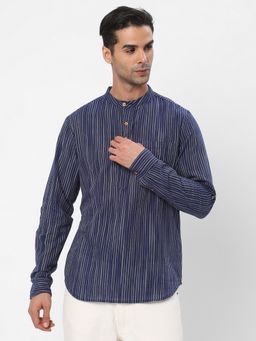 R&B - Navy Blue Cotton Regular Fit Mandarin Collar Striped Men's Shirt